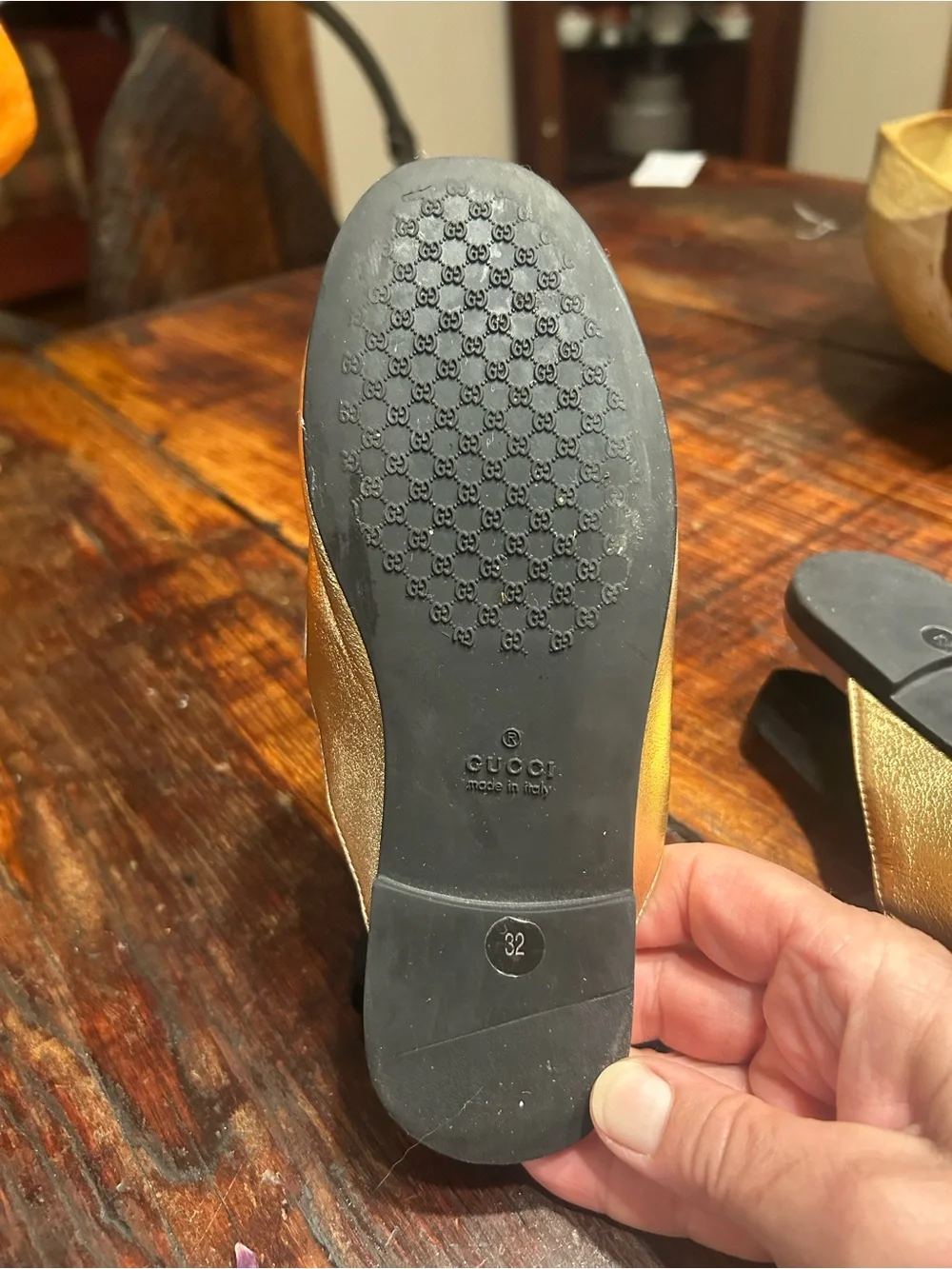 Gucci Girls Princeton Gold Leather Slingback Mules with Mismatched Motifs